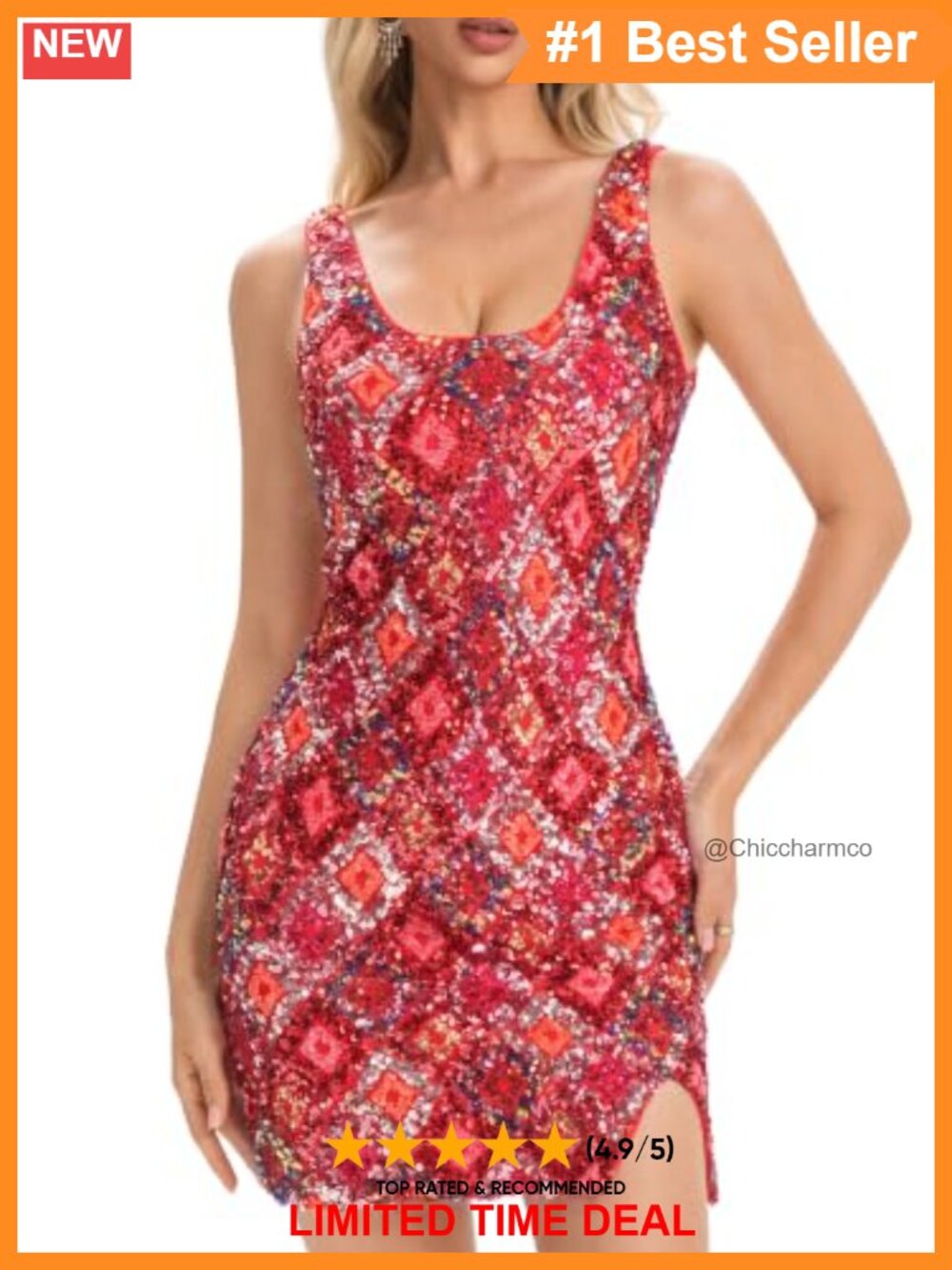 Sequin Mini Dress Square Neck Wide Strap Side Slit Bodycon Party